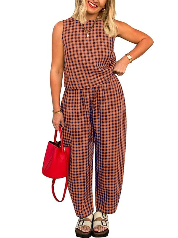 Checked Sleeveless Top and Wide Leg Pants Set - BrickRed