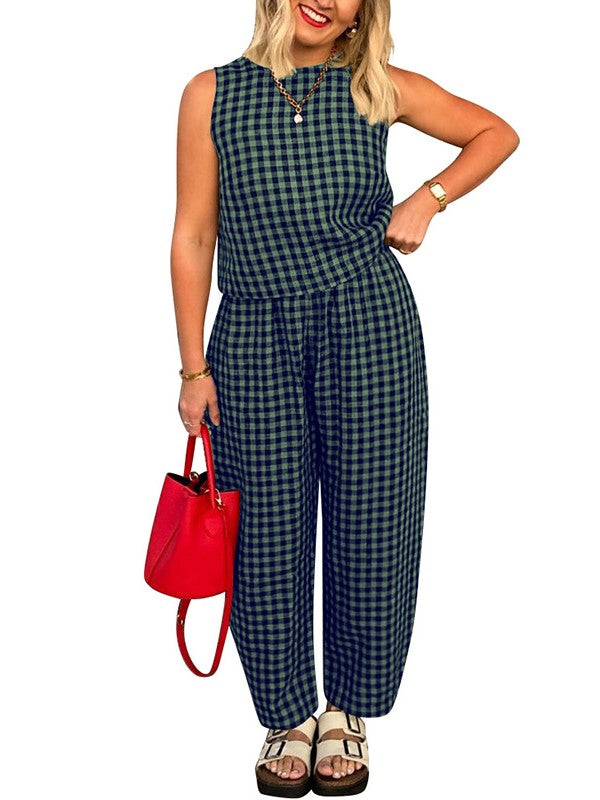 Checked Sleeveless Top and Wide Leg Pants Set - DkGreen