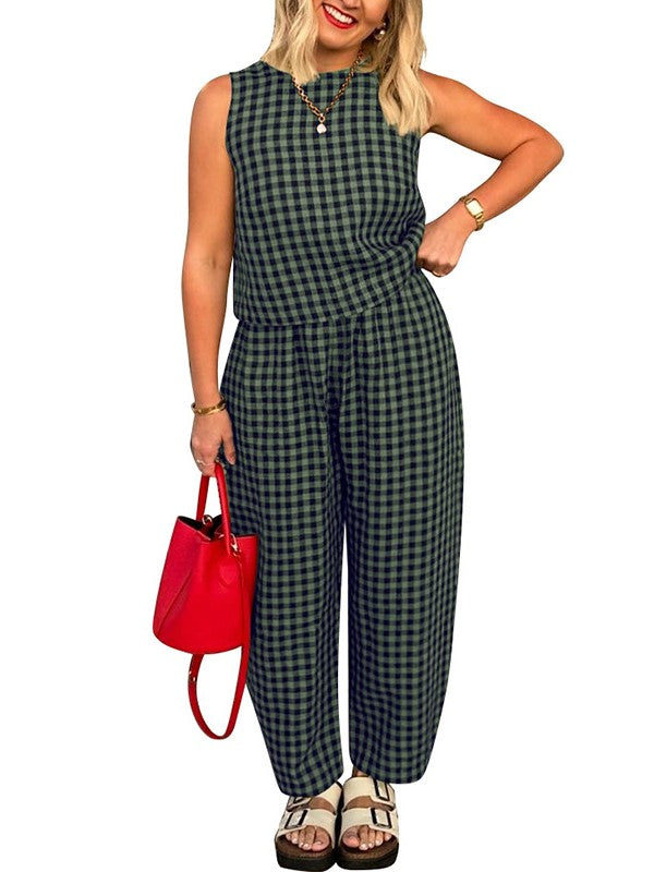 Checked Sleeveless Top and Wide Leg Pants Set - Green