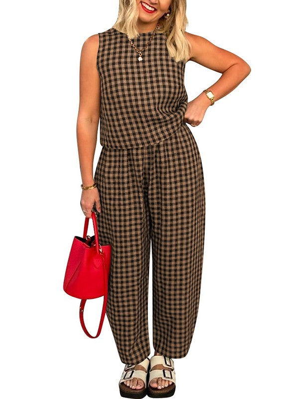 Checked Sleeveless Top and Wide Leg Pants Set - Khaki