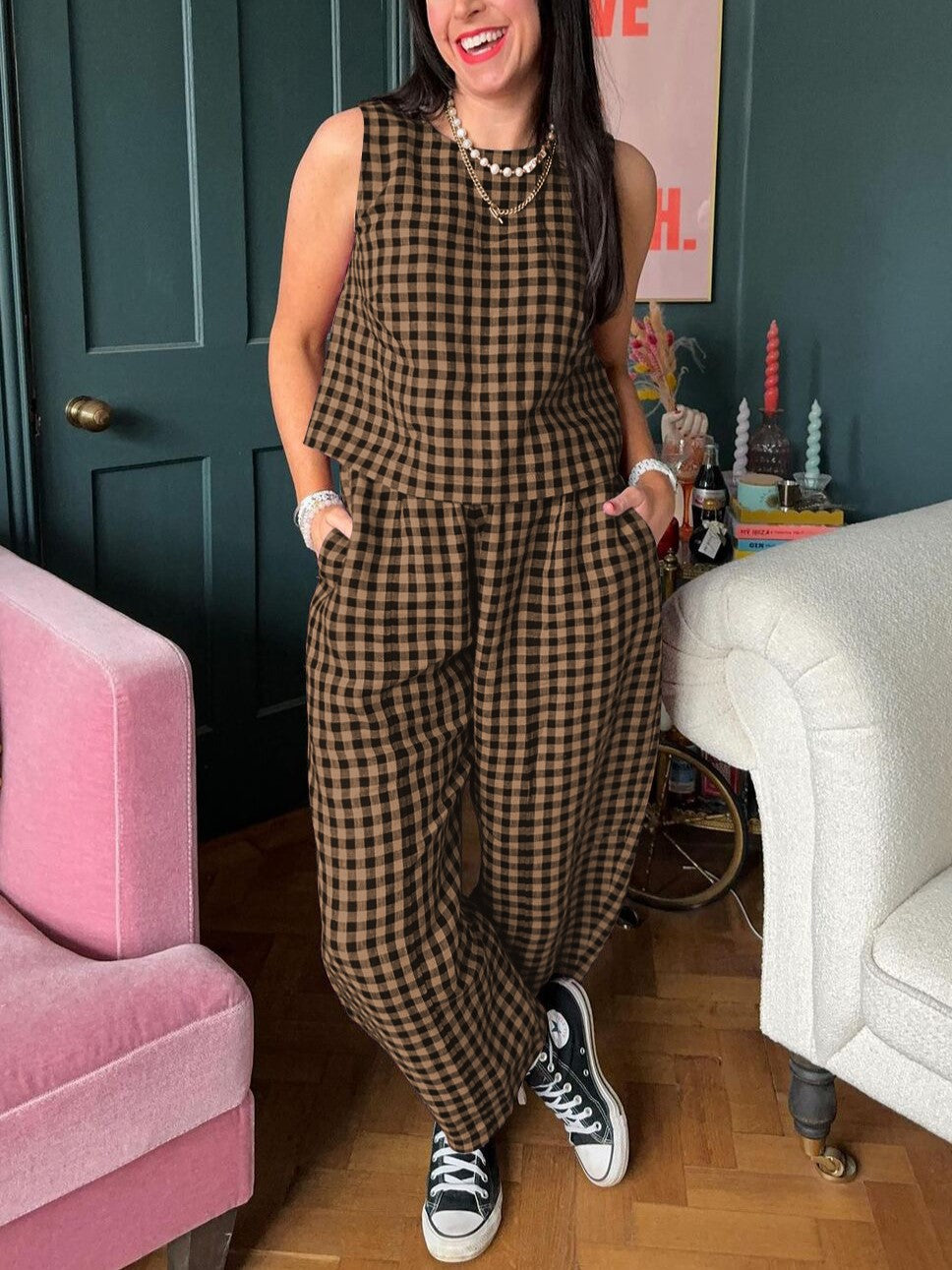Checked Sleeveless Top and Wide Leg Pants Set - Khaki - 2