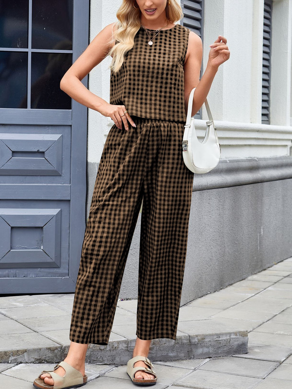 Checked Sleeveless Top and Wide Leg Pants Set - Khaki - 3
