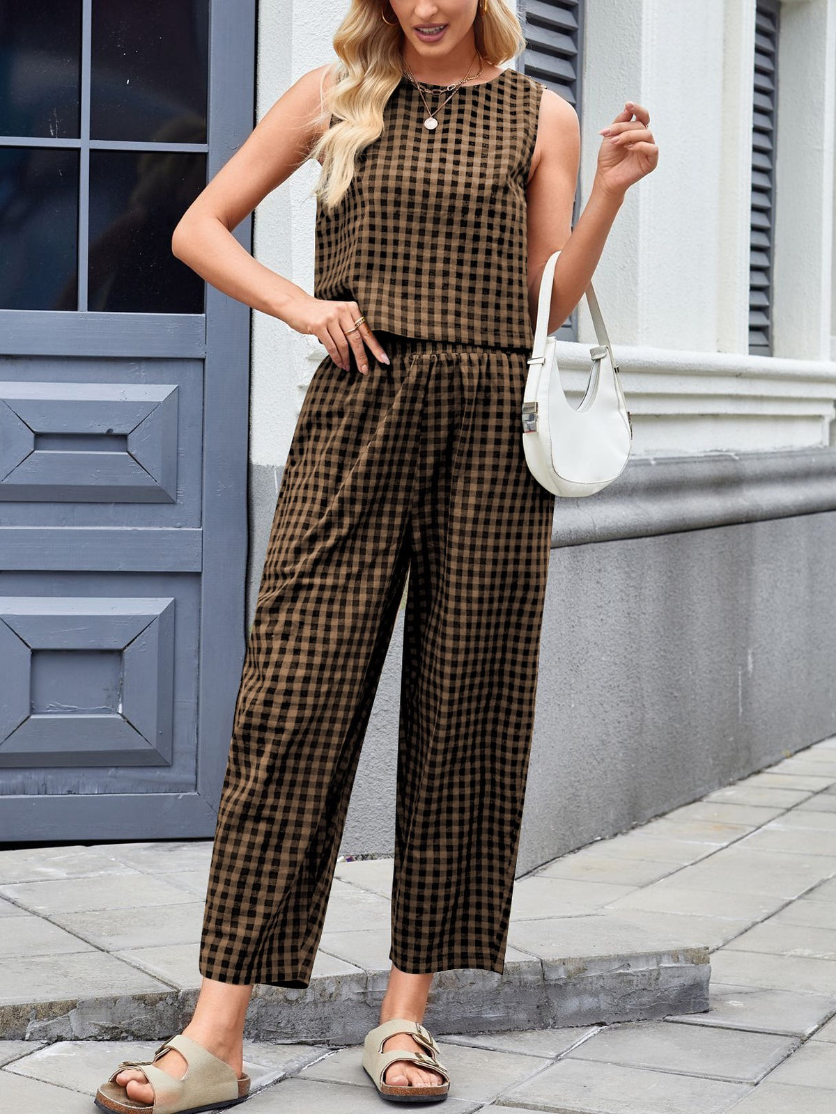 Checked Sleeveless Top and Wide Leg Pants Set - Khaki - 3