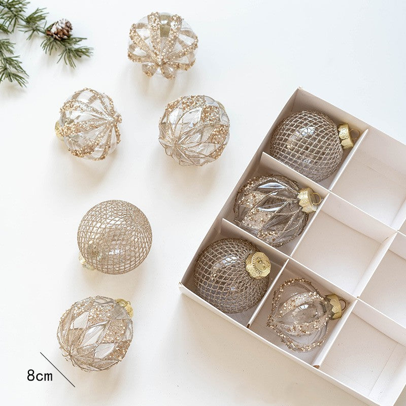 Christmas Ball Ornament Set With Glitter Lace Designs - Champagne