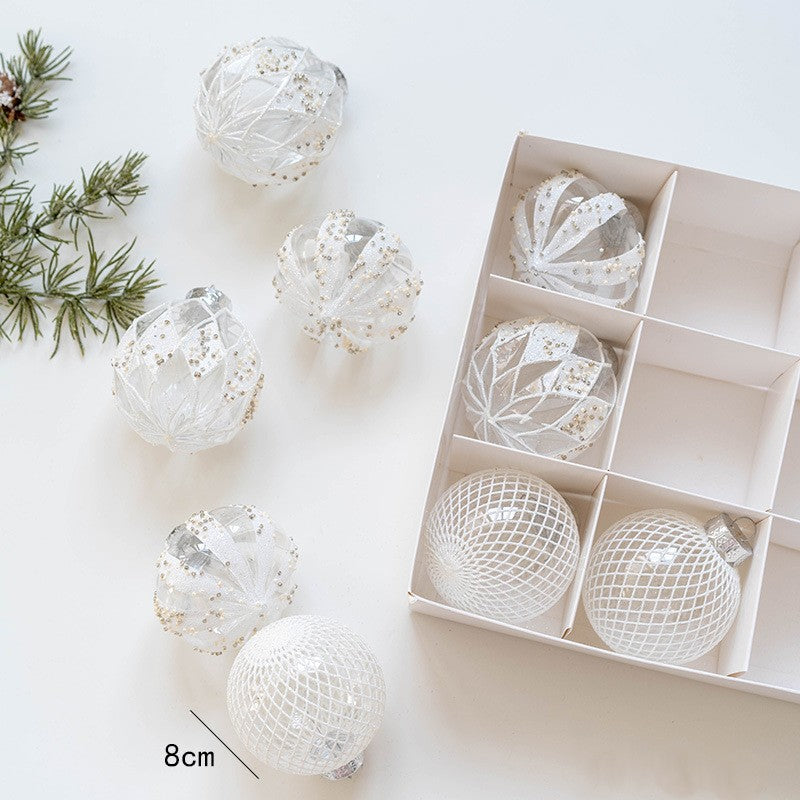 Christmas Ball Ornament Set With Glitter Lace Designs - White