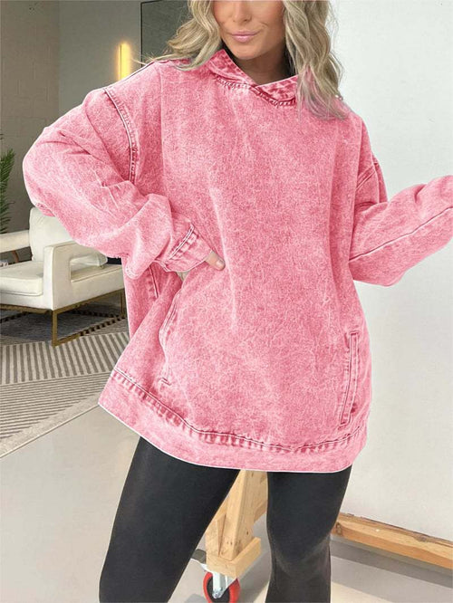 Acid Wash Oversized Longline Hoodie - Pink