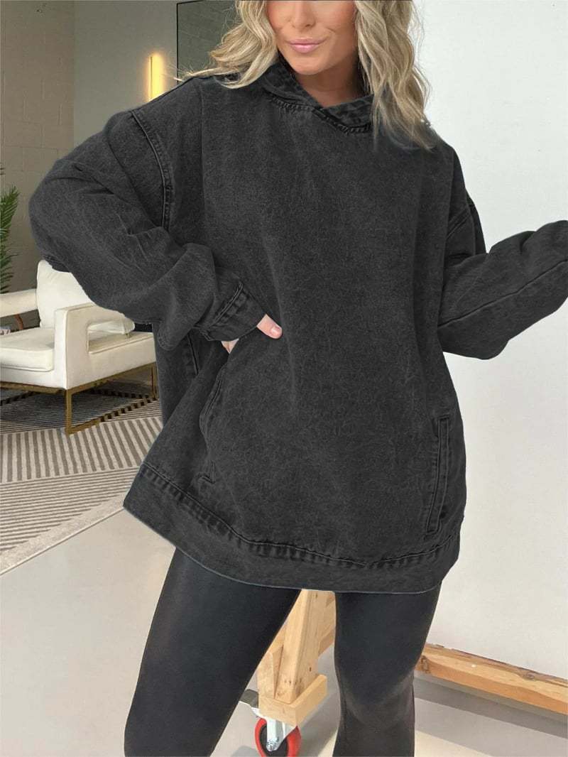 Acid Wash Oversized Longline Hoodie - black