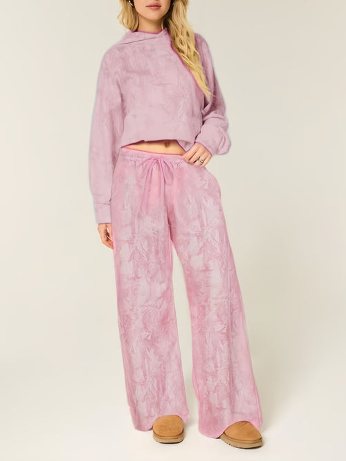 Abstract Branch Print Wide Leg Lounge Pants - Pink