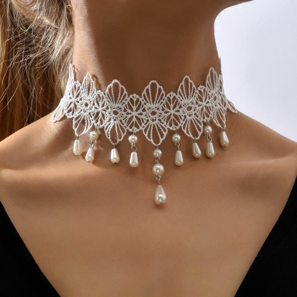Gothic Lace Beaded Drop Choker Necklace - C1
