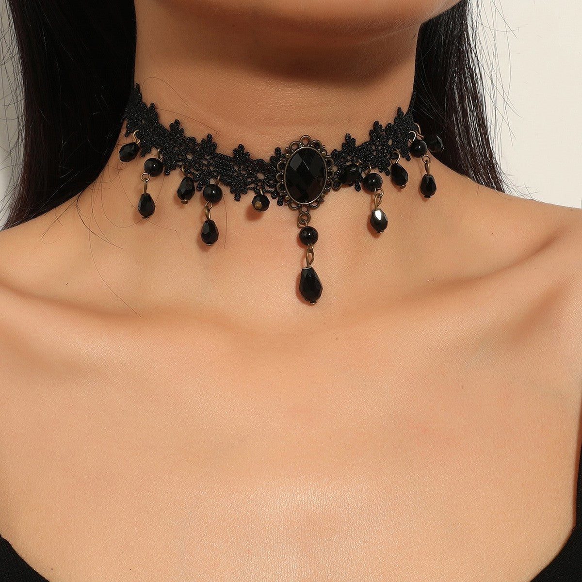 Gothic Lace Beaded Drop Choker Necklace - C2