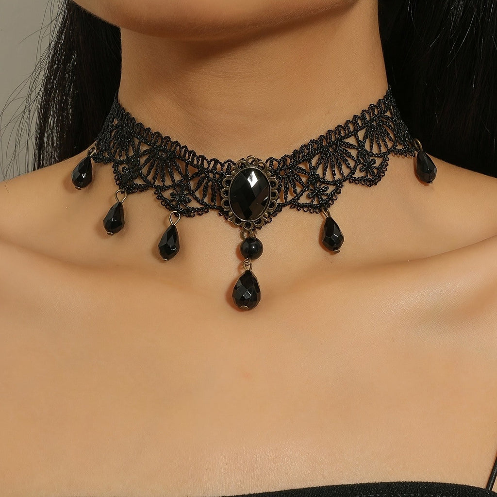 Gothic Lace Beaded Drop Choker Necklace - C3