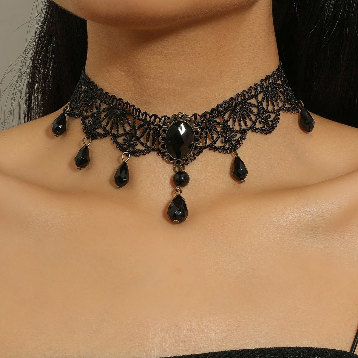 Gothic Lace Beaded Drop Choker Necklace - C3