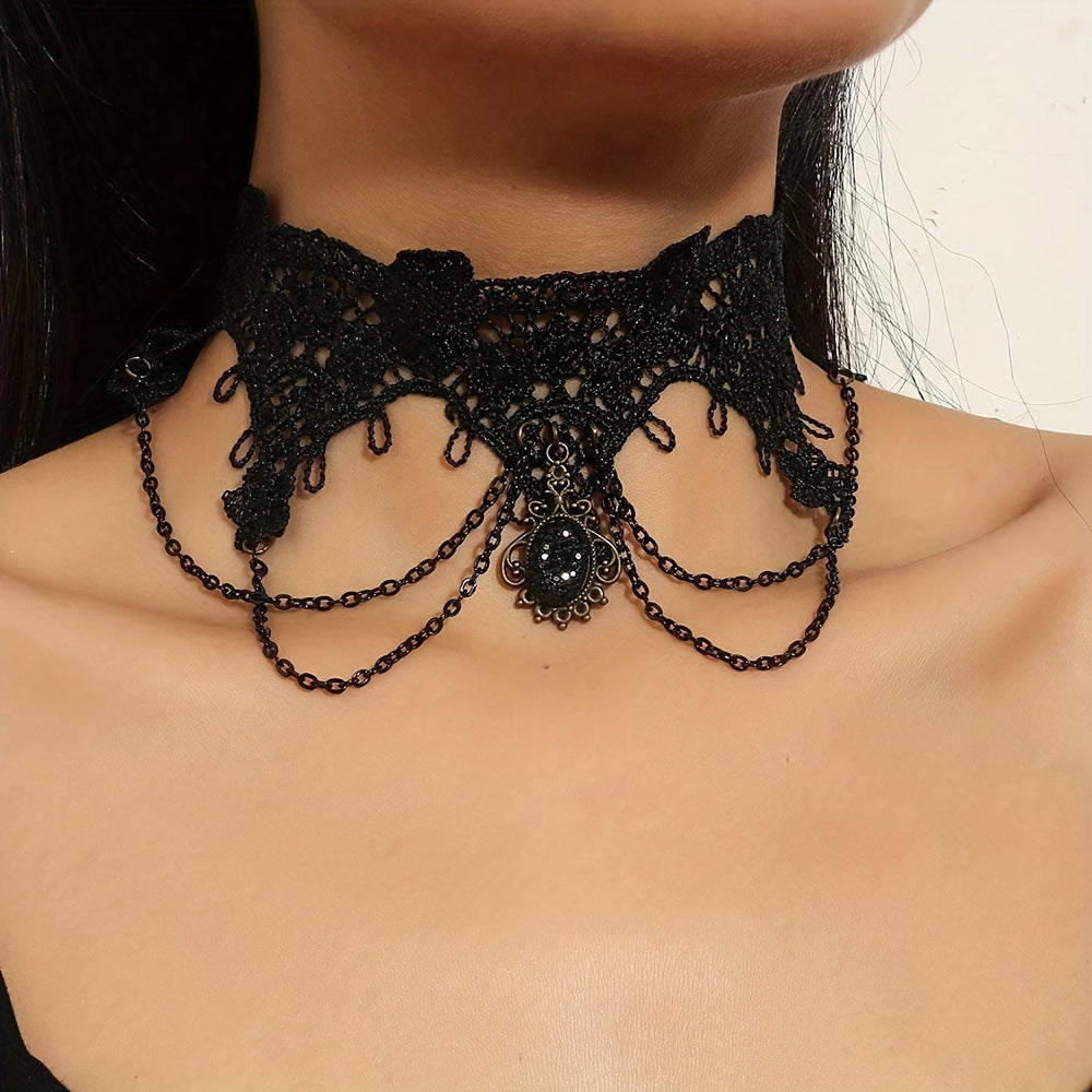 Gothic Lace Beaded Drop Choker Necklace - C4