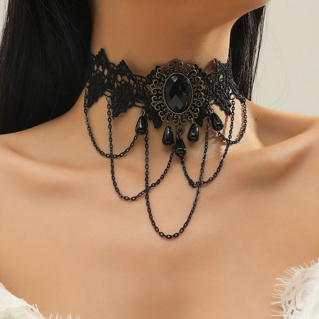 Gothic Lace Beaded Drop Choker Necklace - C5