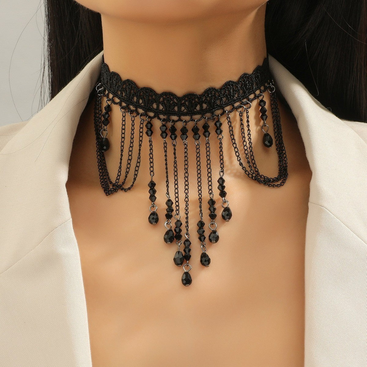 Gothic Lace Beaded Drop Choker Necklace - C7