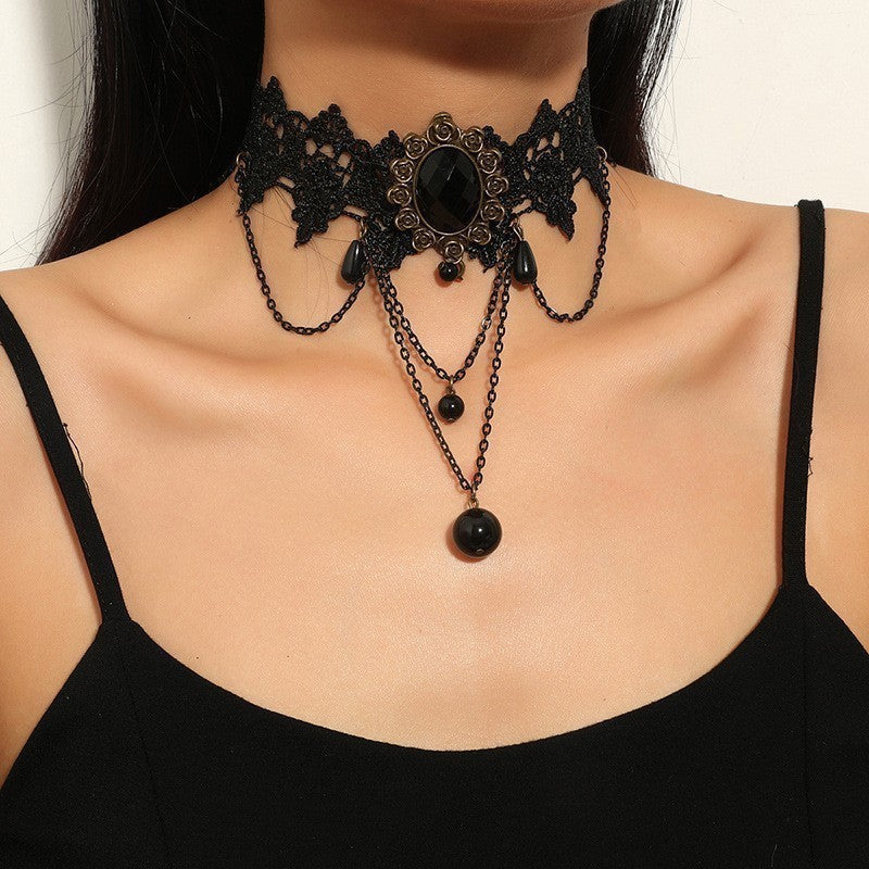 Gothic Lace Beaded Drop Choker Necklace - C8