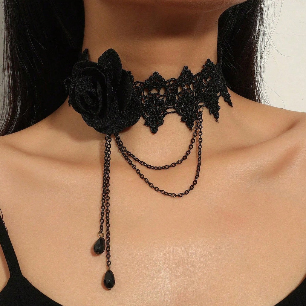 Gothic Lace Beaded Drop Choker Necklace - C9