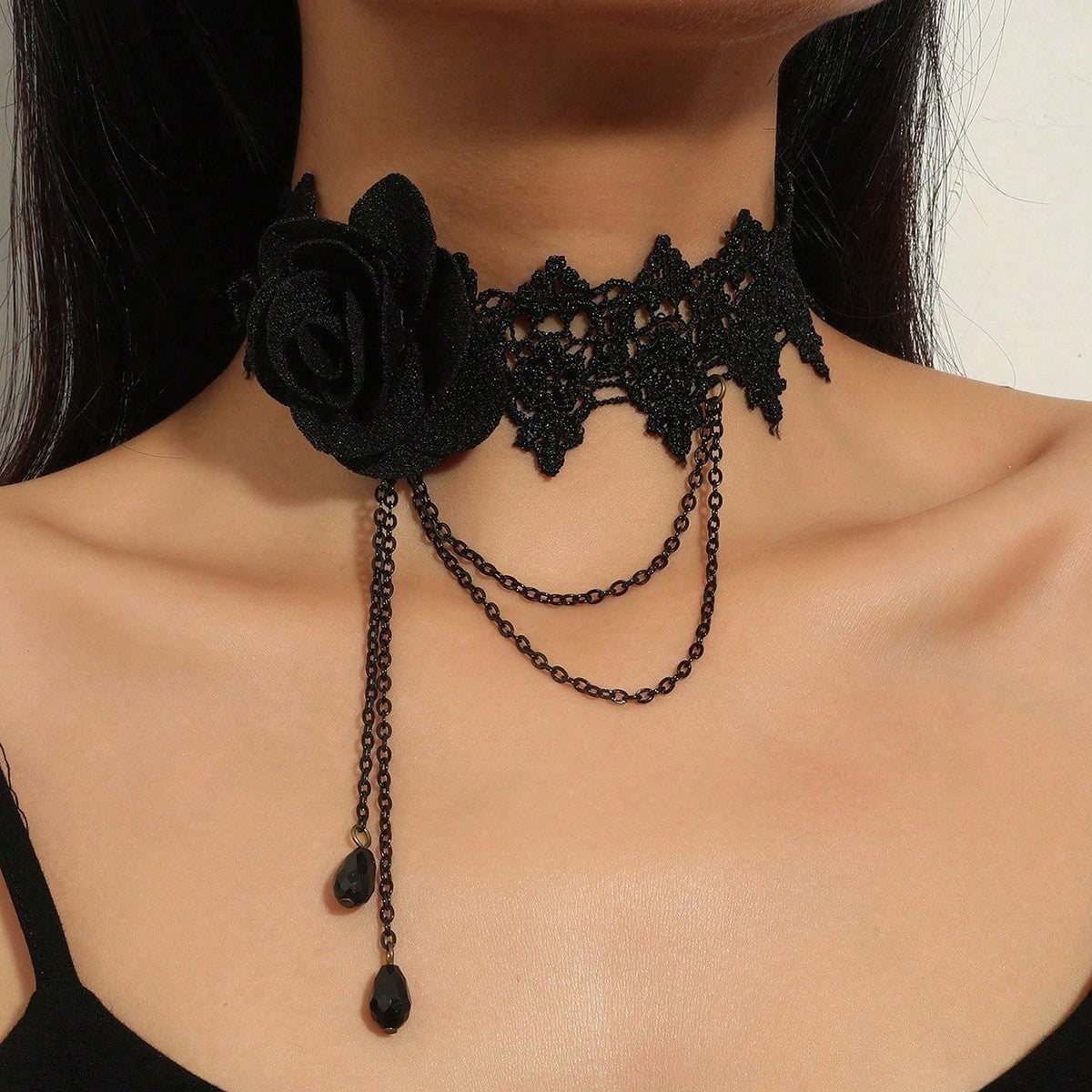 Gothic Lace Beaded Drop Choker Necklace - C9