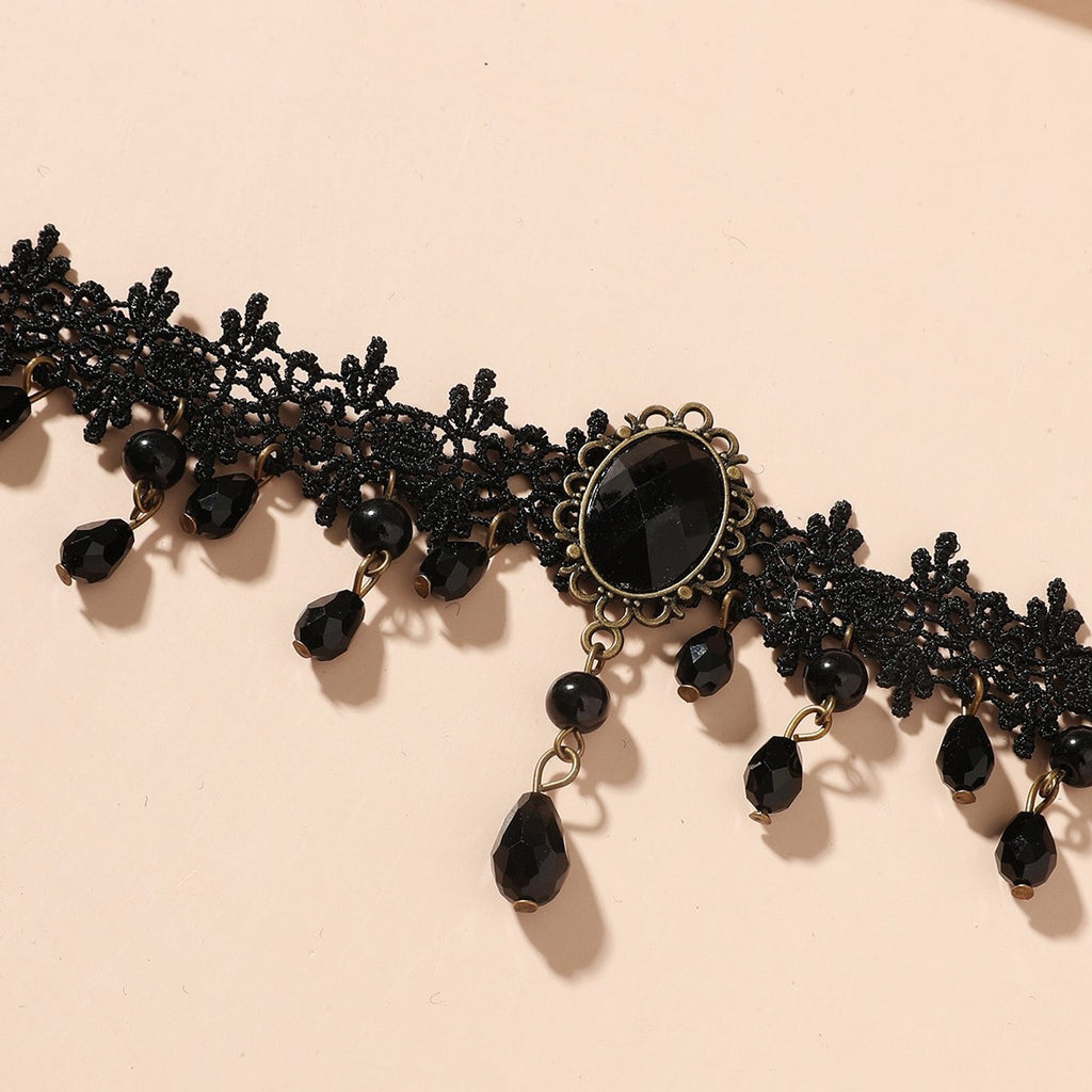 Gothic Lace Beaded Drop Choker Necklace