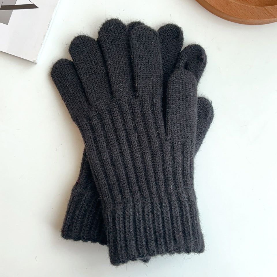 Ribbed Knit Winter Gloves with Stretch Cuffs - Black