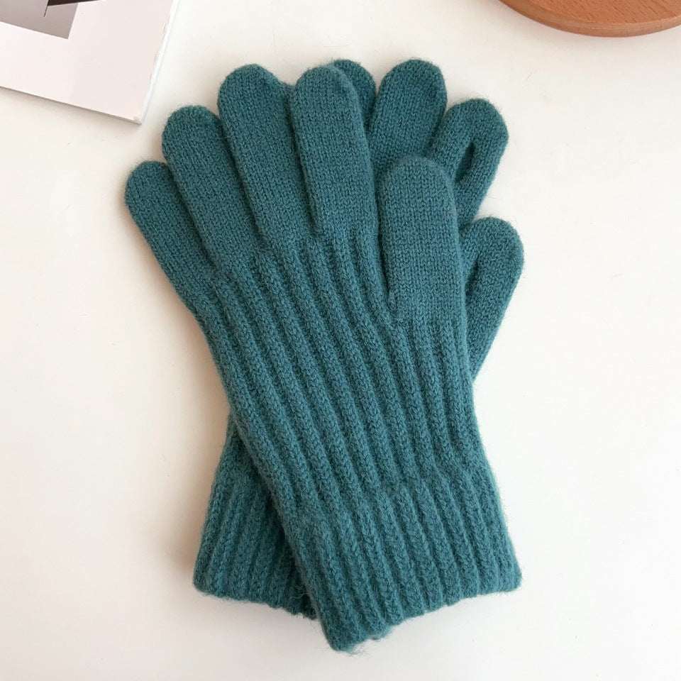 Ribbed Knit Winter Gloves with Stretch Cuffs - Blue