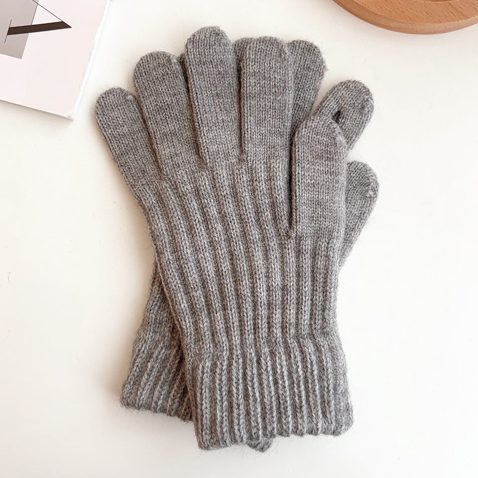 Ribbed Knit Winter Gloves with Stretch Cuffs - Grey