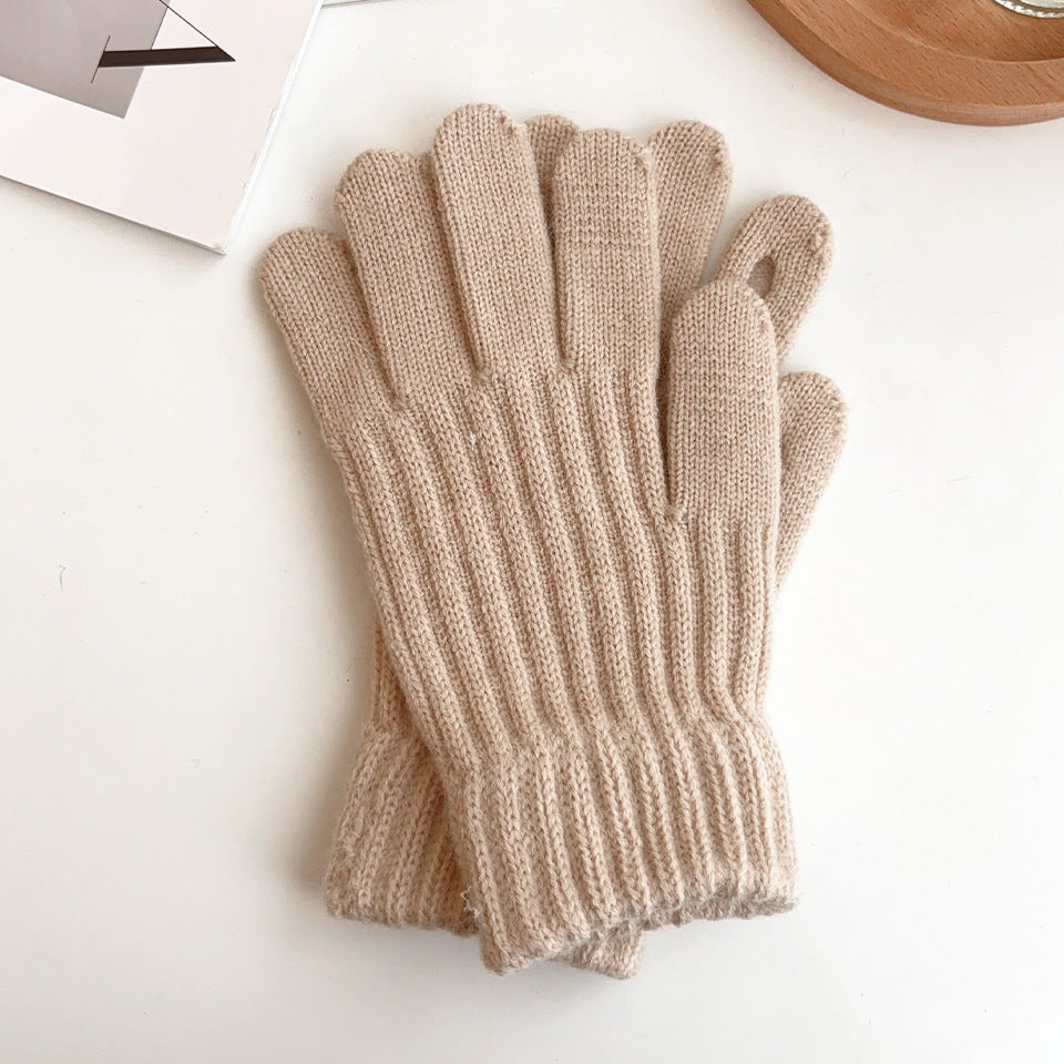 Ribbed Knit Winter Gloves with Stretch Cuffs - Khaki