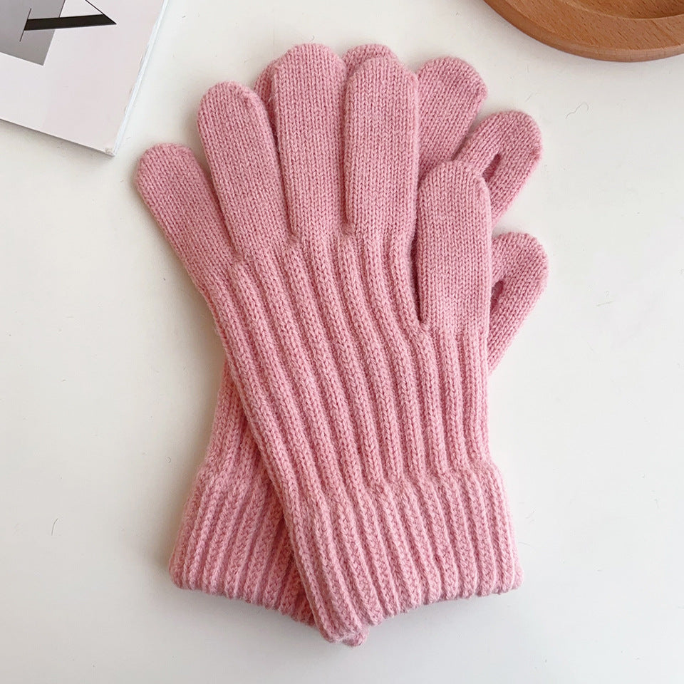 Ribbed Knit Winter Gloves with Stretch Cuffs - Pink