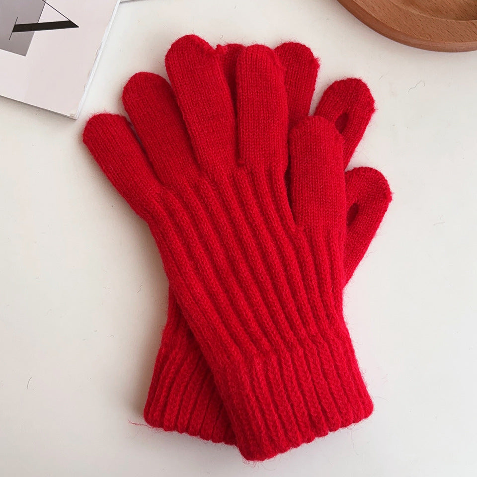 Ribbed Knit Winter Gloves with Stretch Cuffs - Red