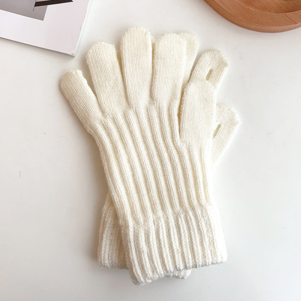 Ribbed Knit Winter Gloves with Stretch Cuffs - White