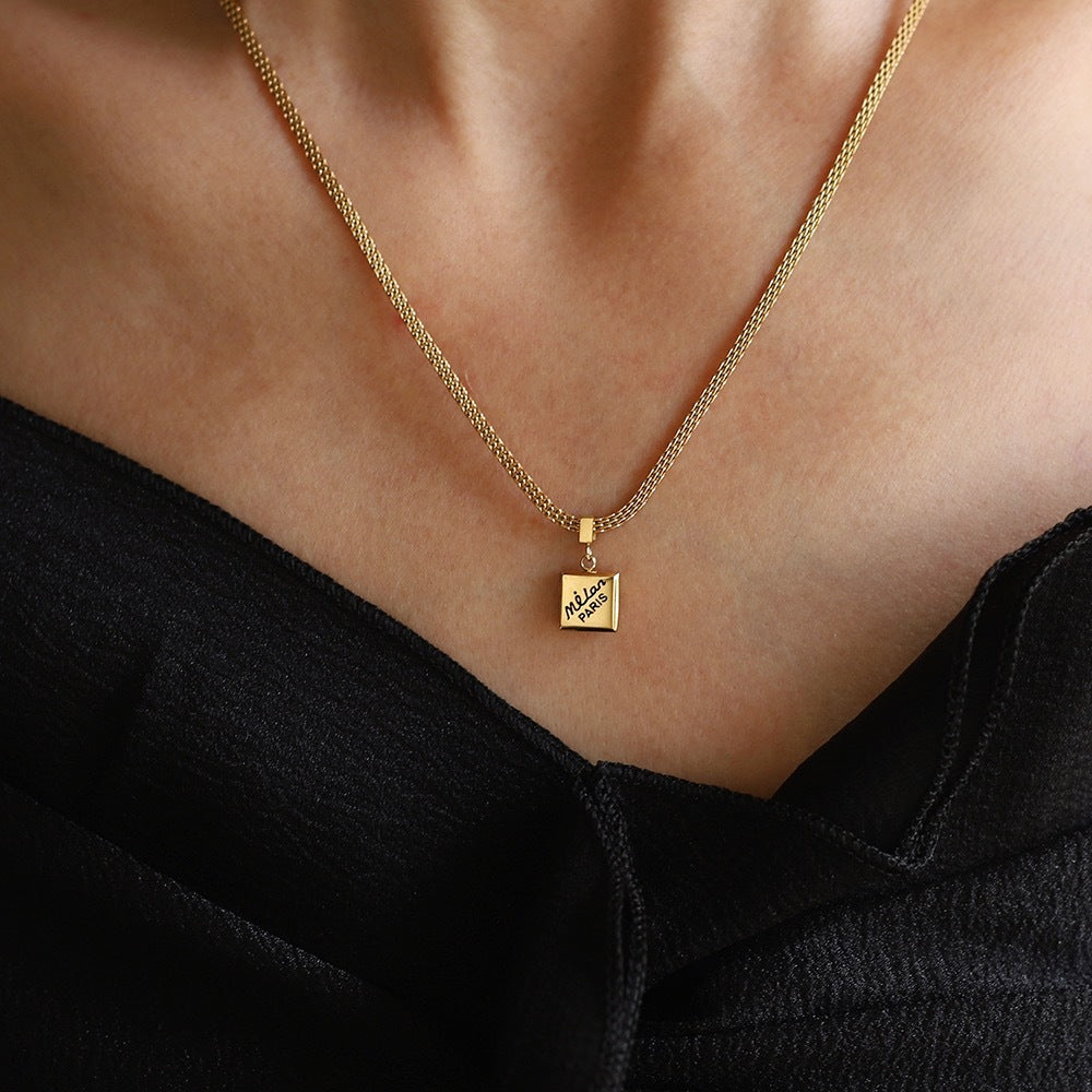 Engraved Script Square Tag Pendant Necklace - Gold - 1