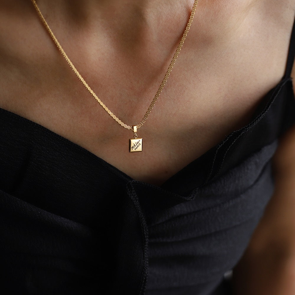 Engraved Script Square Tag Pendant Necklace - Gold - 2