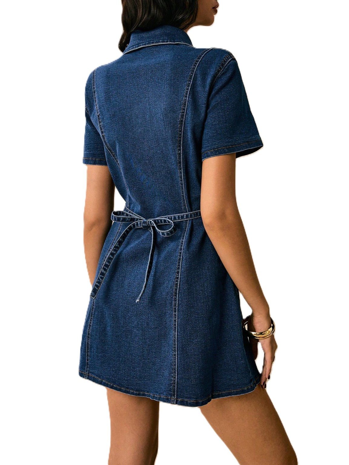 Button-Front Fitted Denim Mini Dress with Collar - Blue - 2