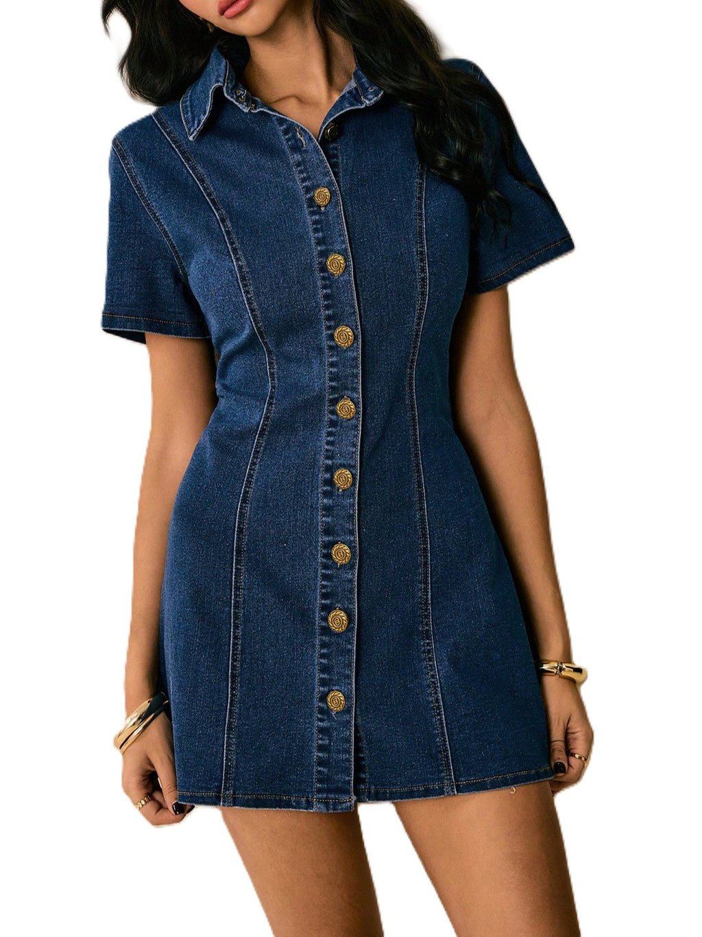 Button-Front Fitted Denim Mini Dress with Collar - Blue - 3