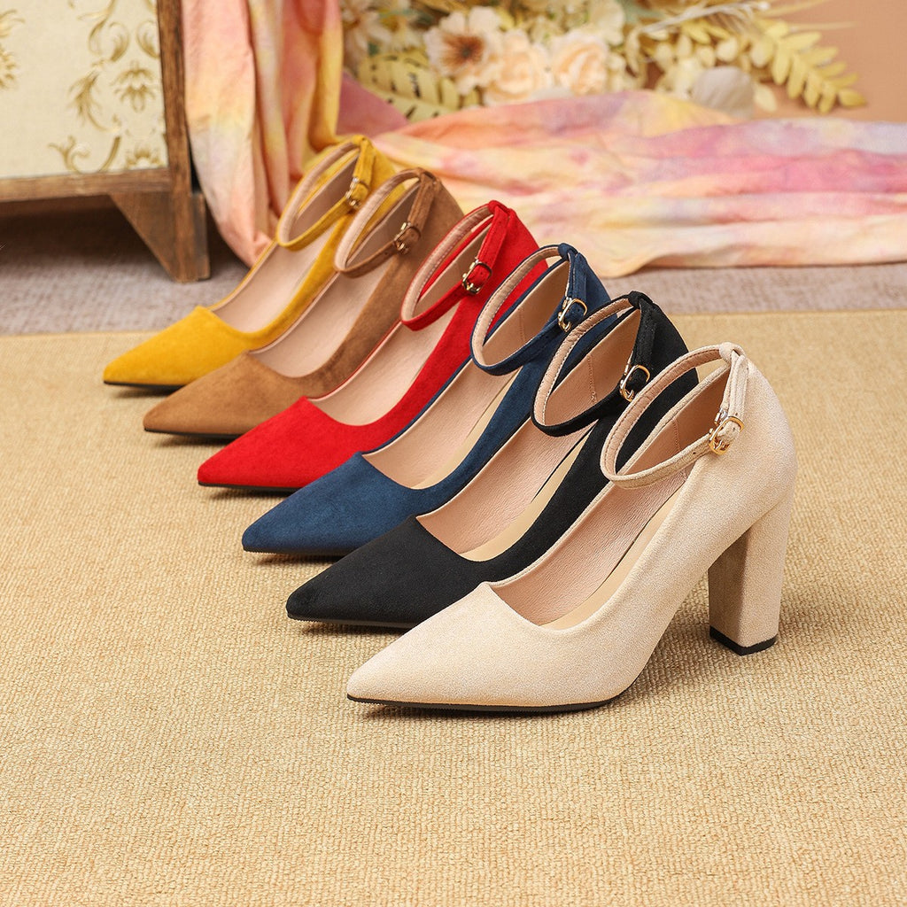 Pointed Toe Ankle Strap Block Heel Pumps