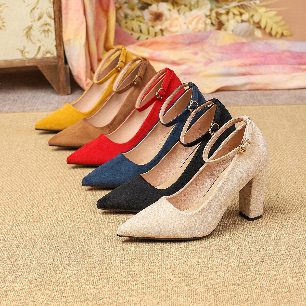 Pointed Toe Ankle Strap Block Heel Pumps
