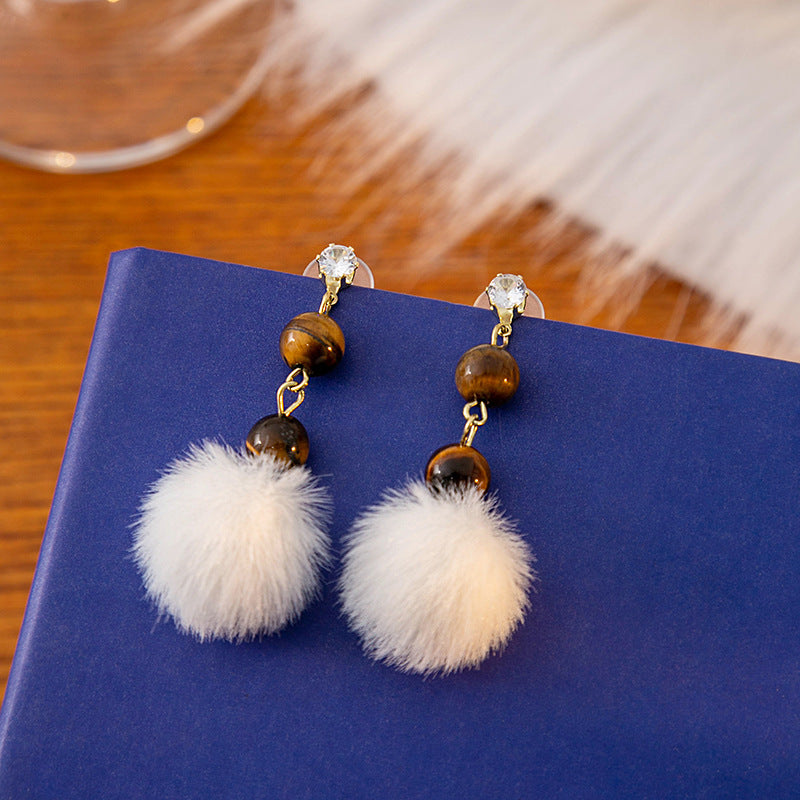 Stone Bead Pom Pom Drop Earrings - NO-1 - 1