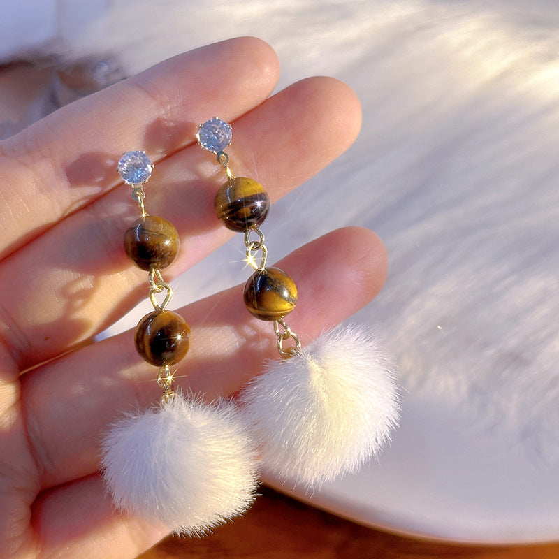Stone Bead Pom Pom Drop Earrings - NO-1 - 2