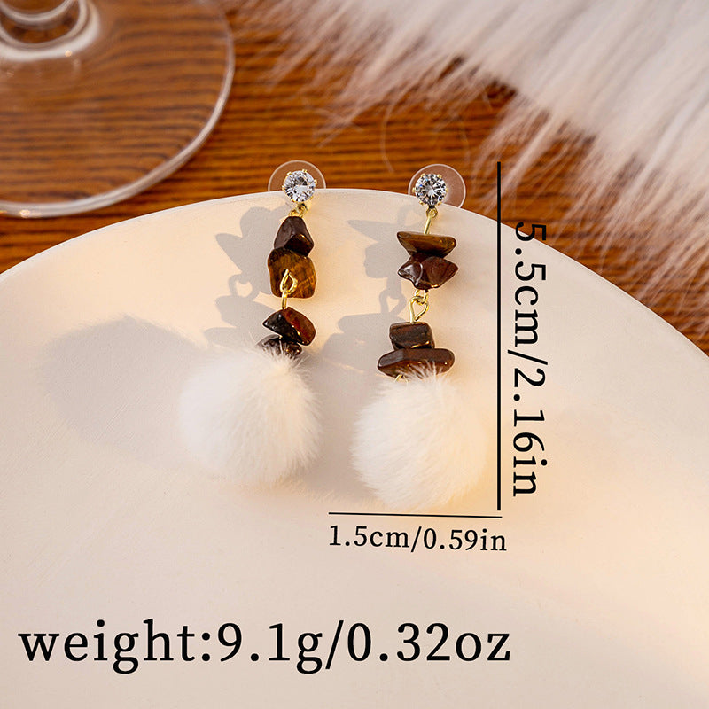 Stone Bead Pom Pom Drop Earrings - NO-2