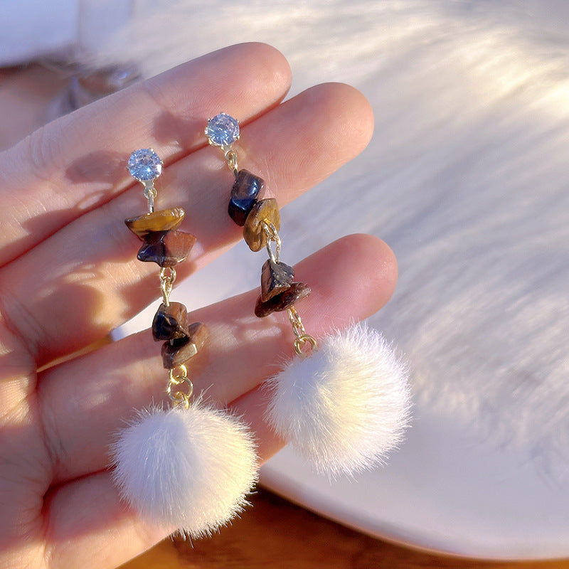 Stone Bead Pom Pom Drop Earrings - NO-2 - 2