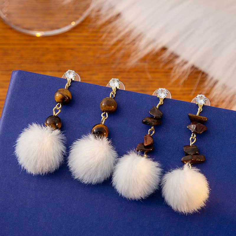 Stone Bead Pom Pom Drop Earrings
