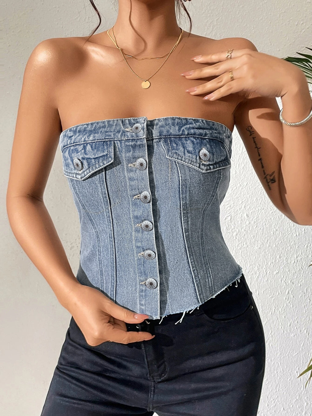 Button Front Strapless Denim Tank Top - Blue