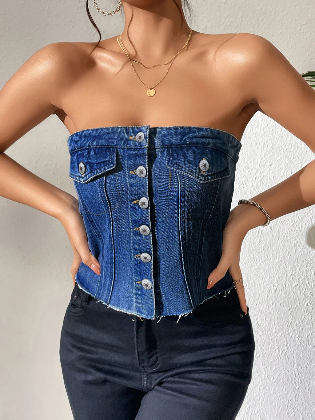 Button Front Strapless Denim Tank Top - DarkBlue