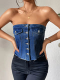 Button Front Strapless Denim Tank Top - DarkBlue