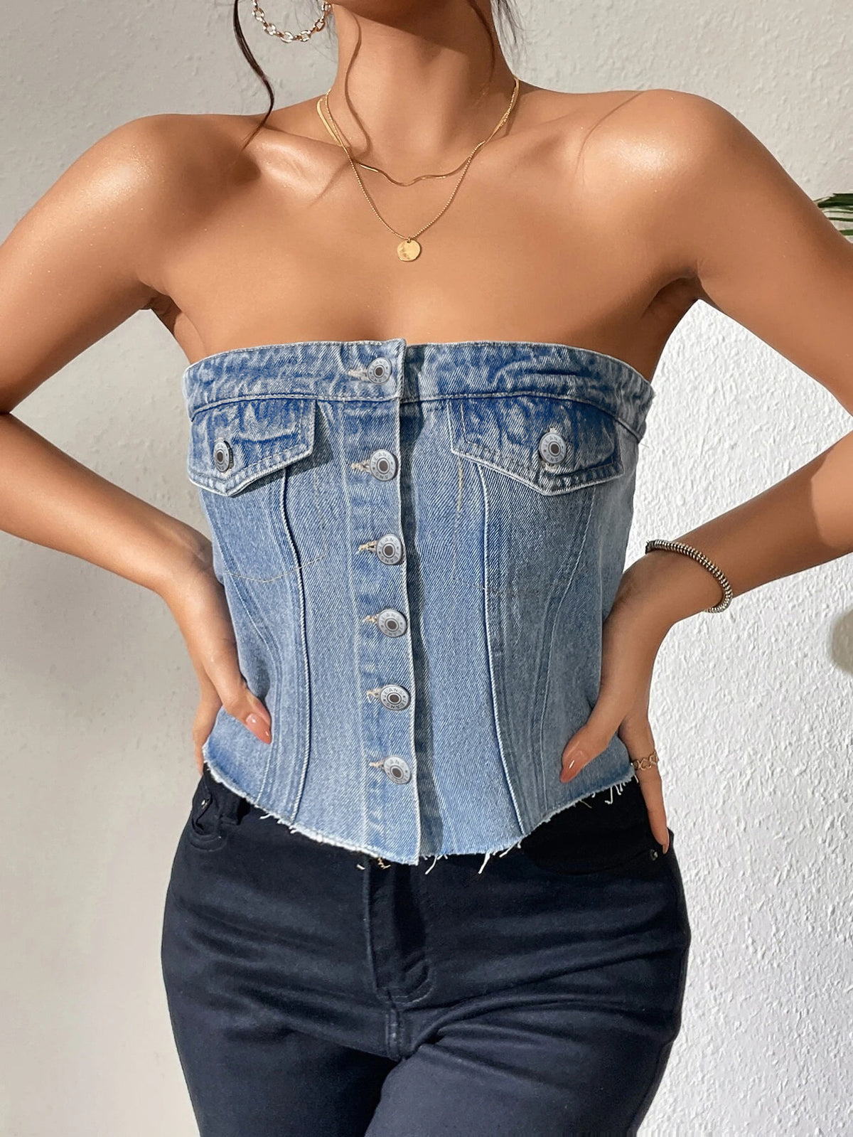 Button Front Strapless Denim Tank Top - LightBlue