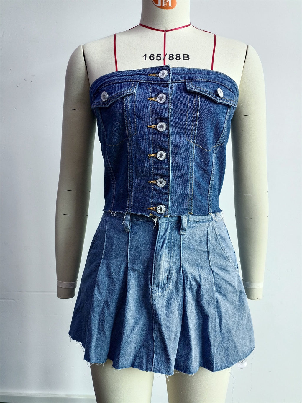 Button Front Strapless Denim Tank Top