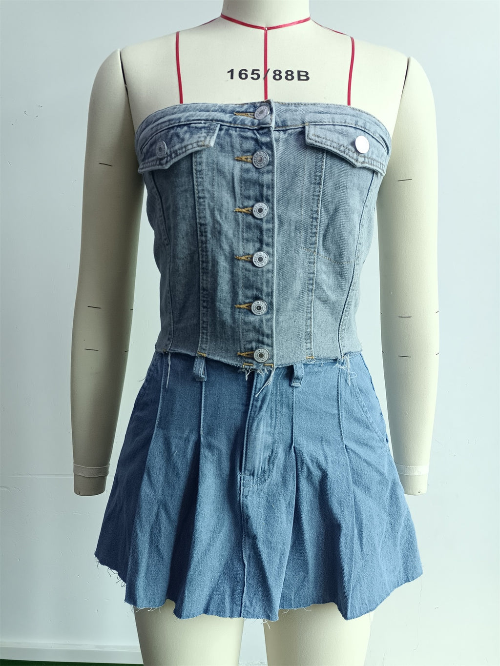 Button Front Strapless Denim Tank Top - view 1