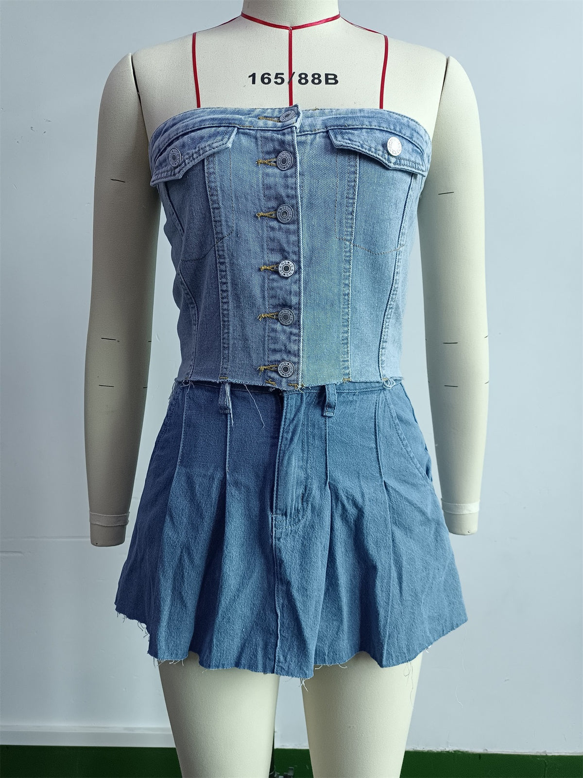 Button Front Strapless Denim Tank Top - view 2