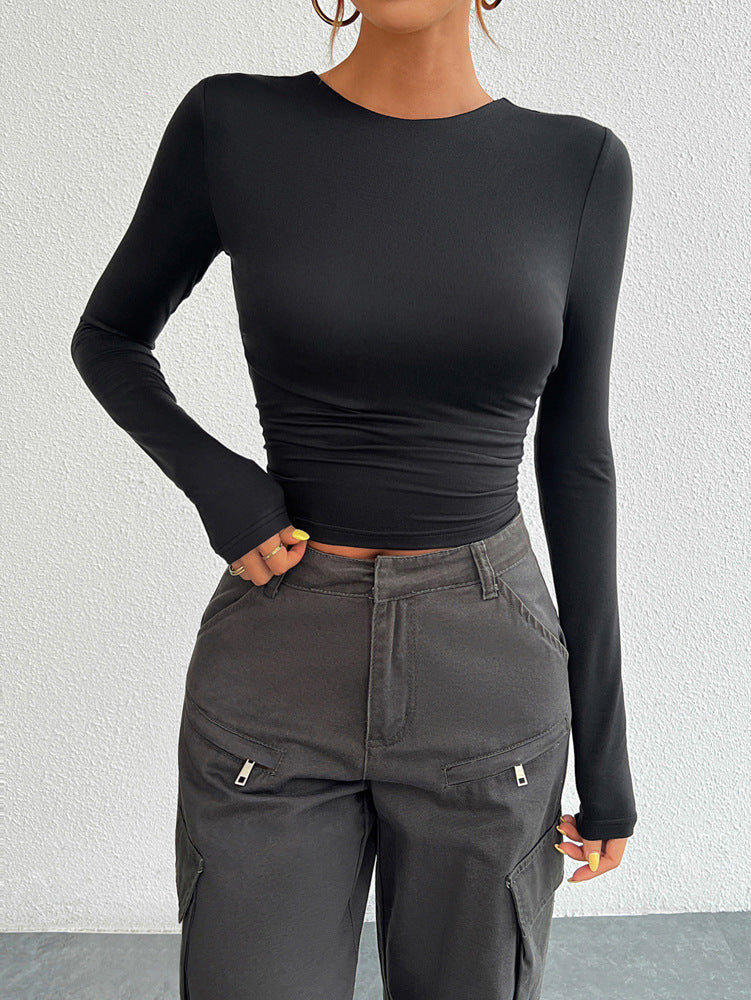 Open Back Long Sleeve Fitted Crop Top - Black