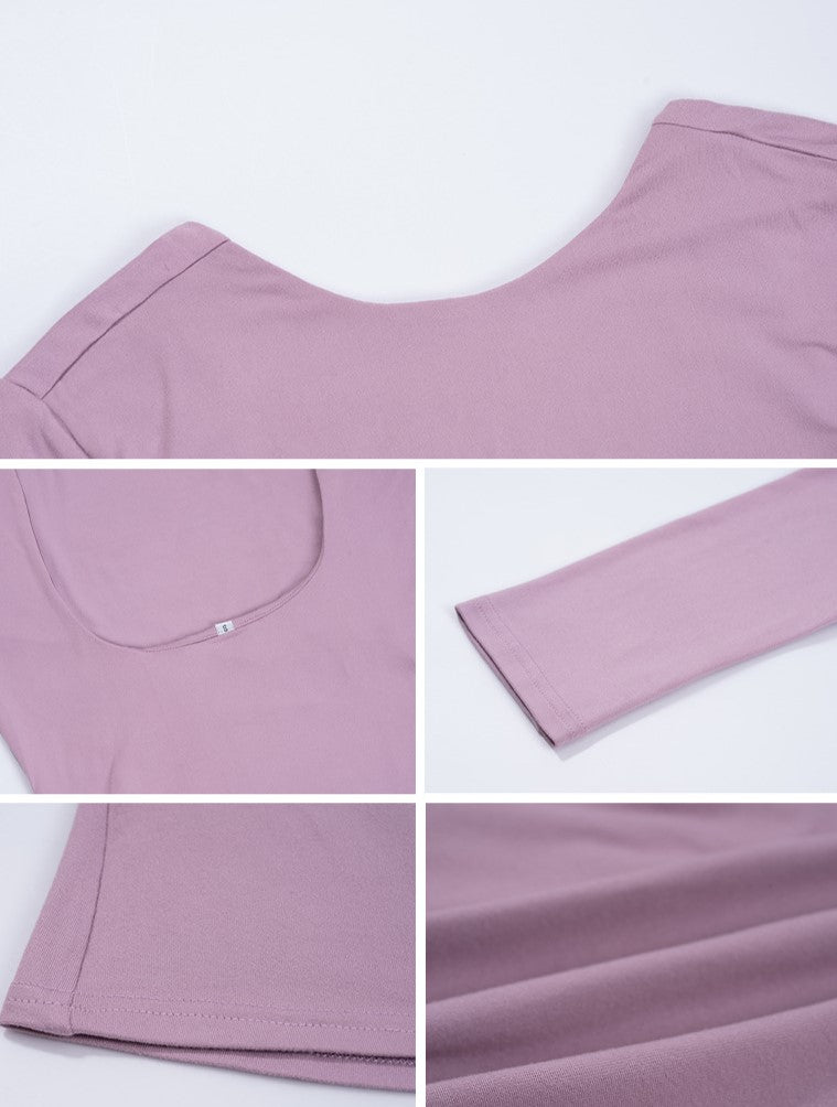 Open Back Long Sleeve Fitted Crop Top - Purple - 1